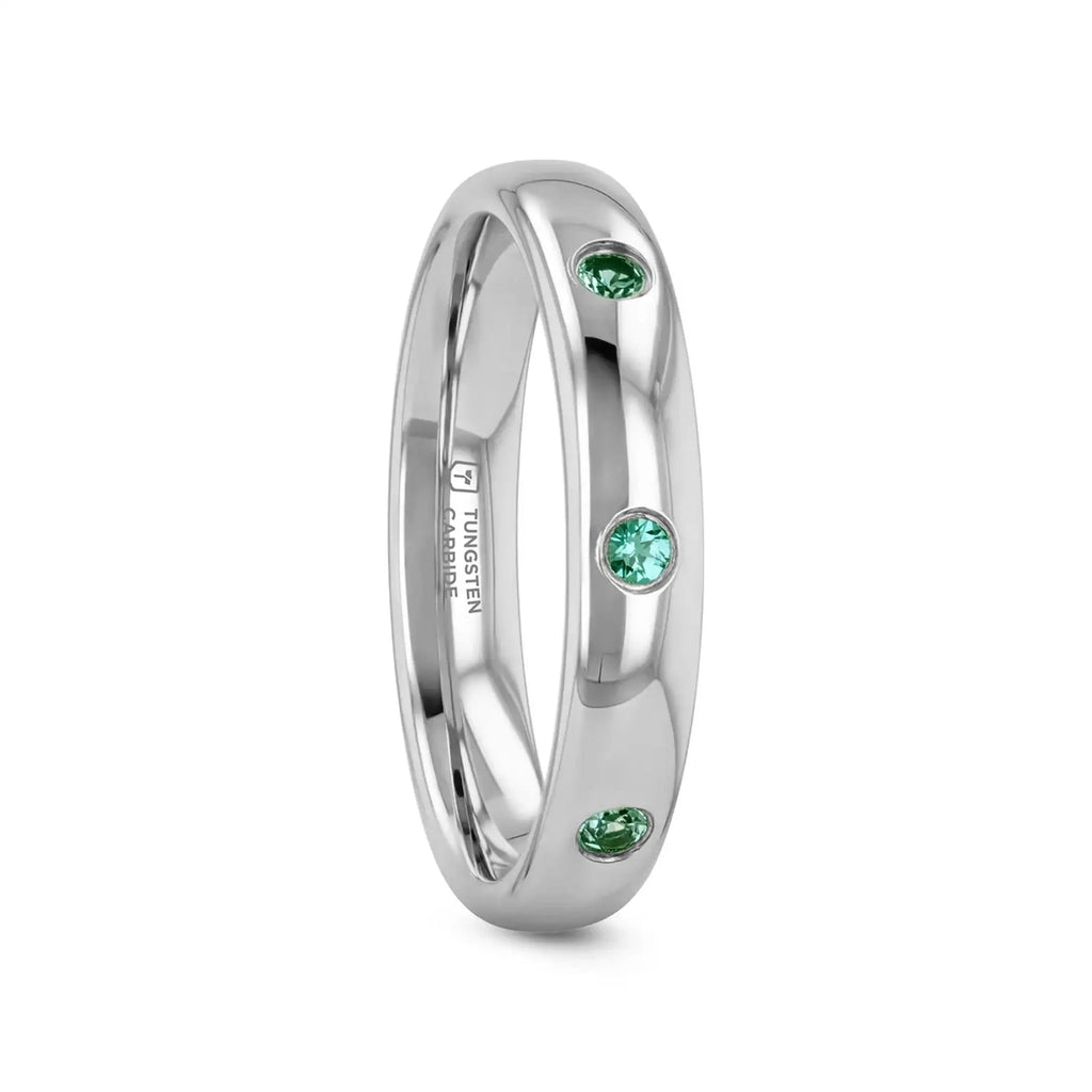 CHLOE Polished and Domed Tungsten Carbide Wedding Ring with 3 Green Emeralds Setting - 4mm