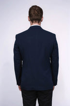 Textured Slim Fit Notch Lapel Navy Blue Men Blazer - Wessi