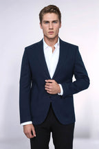 Textured Slim Fit Notch Lapel Navy Blue Men Blazer - Wessi