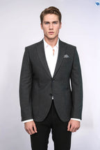Textured Slim Fit Notch Lapel Anthracite Men Blazer - Wessi
