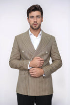 Striped Double Breasted Light Brown Men Blazer - Wessi