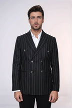 Double Breasted Slim Fit Striped Black Men Blazer - Wessi