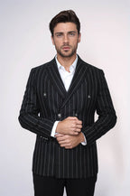 Double Breasted Slim Fit Striped Black Men Blazer - Wessi