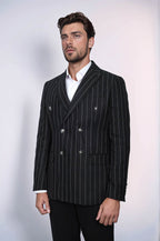 Double Breasted Slim Fit Striped Black Men Blazer - Wessi