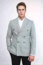 Double Breasted Slim Fit Striped Grey Men Blazer - Wessi