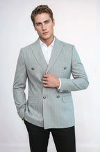 Double Breasted Slim Fit Striped Grey Men Blazer - Wessi