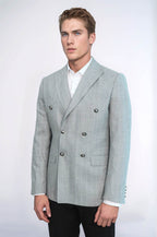 Double Breasted Slim Fit Striped Grey Men Blazer - Wessi