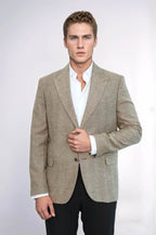 Houndstooth Pattern Wool Cream Men Blazer - Wessi