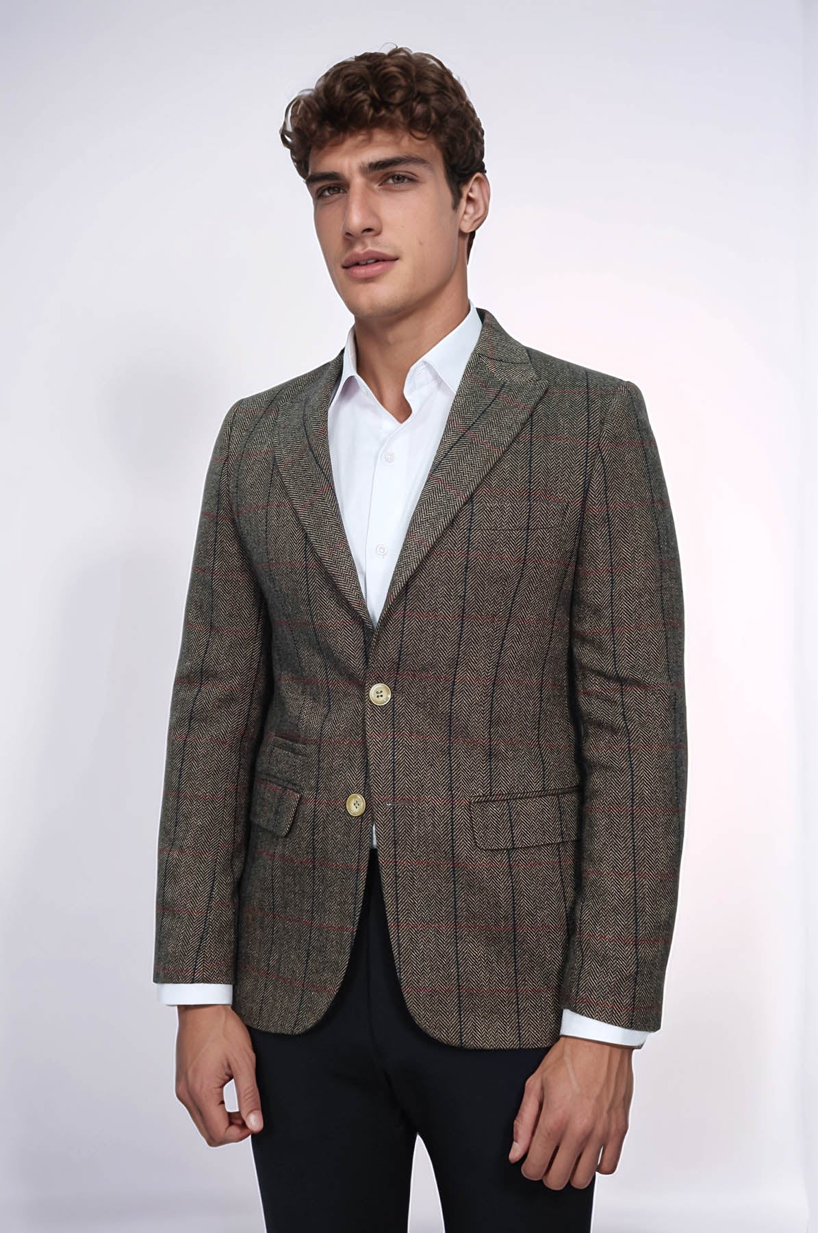 Checked Brown Slim-Fit Men's Blazer - Wessi