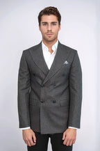 Houndstooth Patterned Grey Men Double Breasted Blazer - Wessi