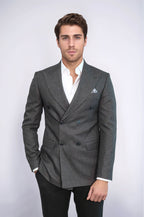 Houndstooth Patterned Grey Men Double Breasted Blazer - Wessi