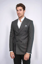 Houndstooth Patterned Grey Men Double Breasted Blazer - Wessi