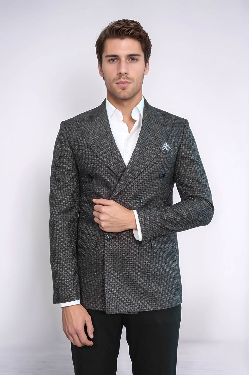 Houndstooth Patterned Grey Men Double Breasted Blazer - Wessi