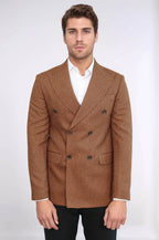 Houndstooth Patterned Tawny Men Double Breasted Blazer - Wessi