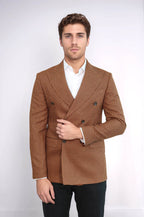 Houndstooth Patterned Tawny Men Double Breasted Blazer - Wessi