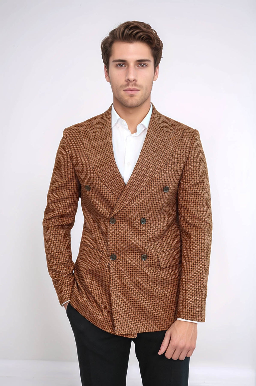 Houndstooth Patterned Tawny Men Double Breasted Blazer - Wessi
