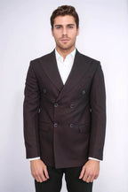 Houndstooth Patterned Burgundy Men Double Breasted Blazer - Wessi