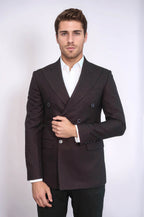 Houndstooth Patterned Burgundy Men Double Breasted Blazer - Wessi
