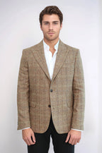 Herringbone Slim Fit Wool Tan Men Blazer - Wessi