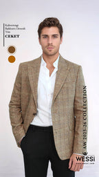 Herringbone Slim Fit Wool Tan Men Blazer - Wessi