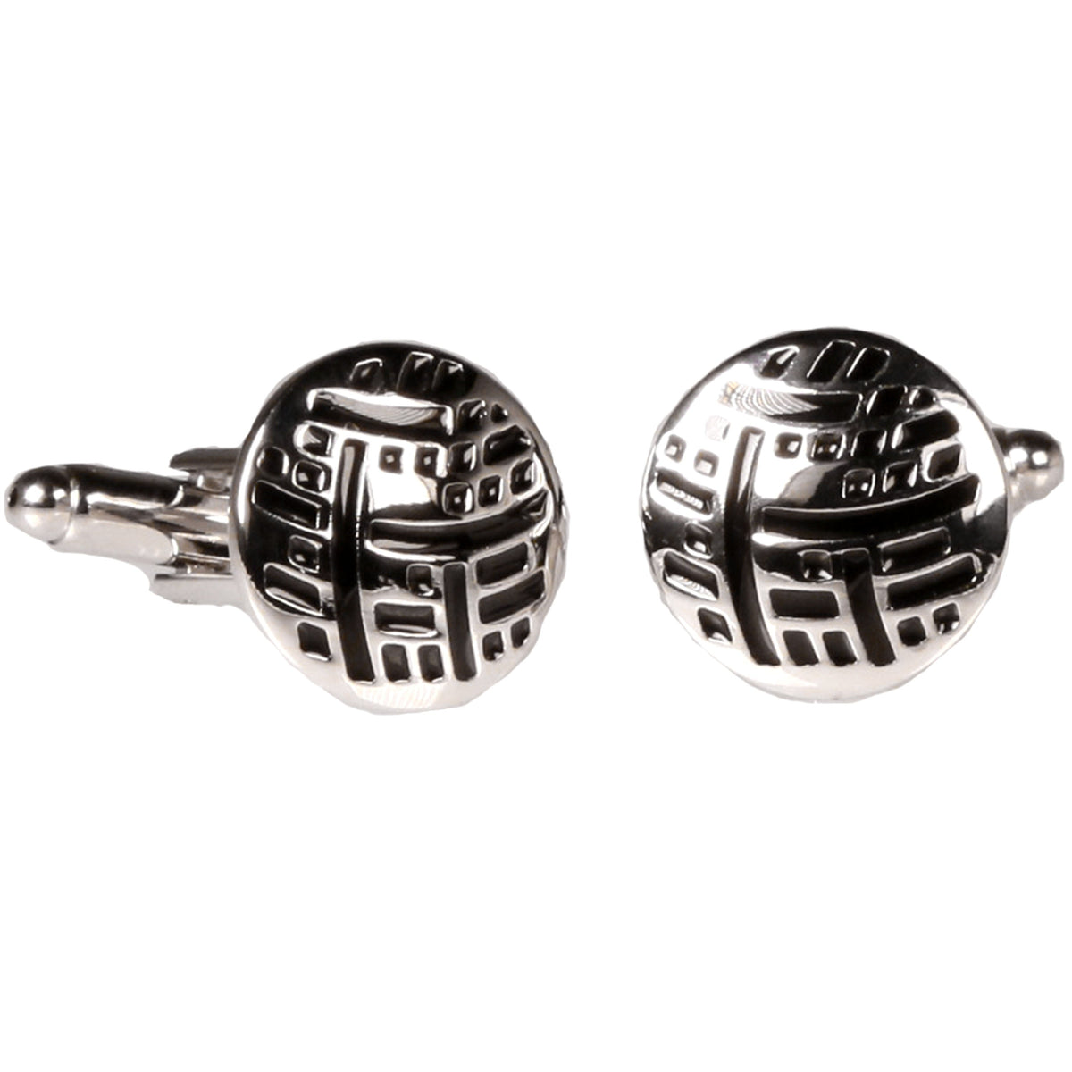 Silvertone Circle Black Geometric Cufflinks with Jewelry Box