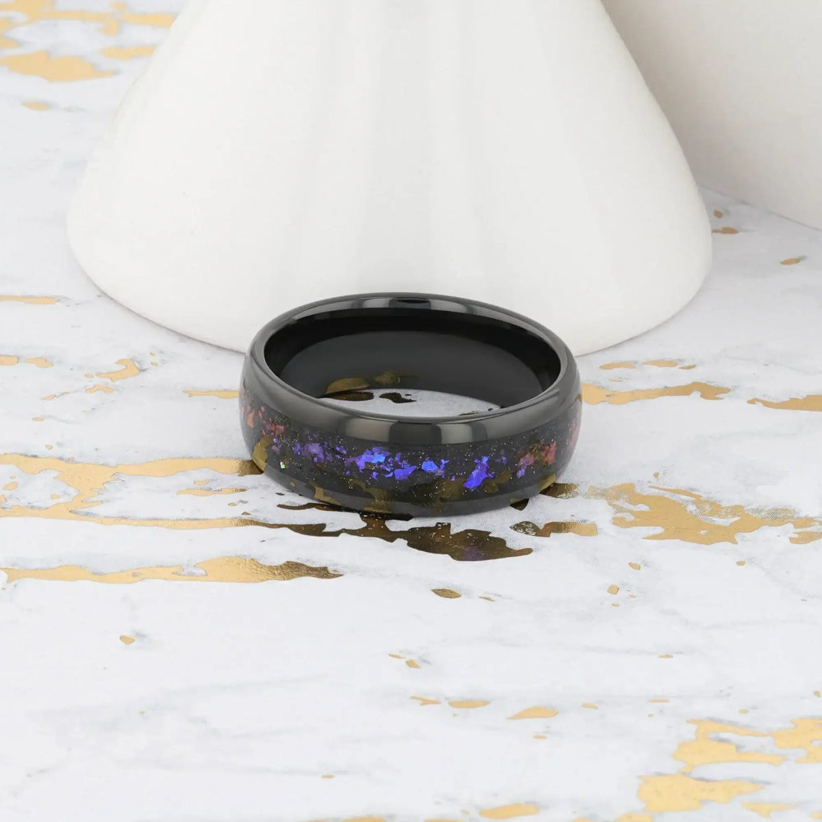 COSMIC Black Tungsten Ring with Crushed Alexandrite and Dark Blue & Purple Crushed Goldstone – 4mm to 8mm