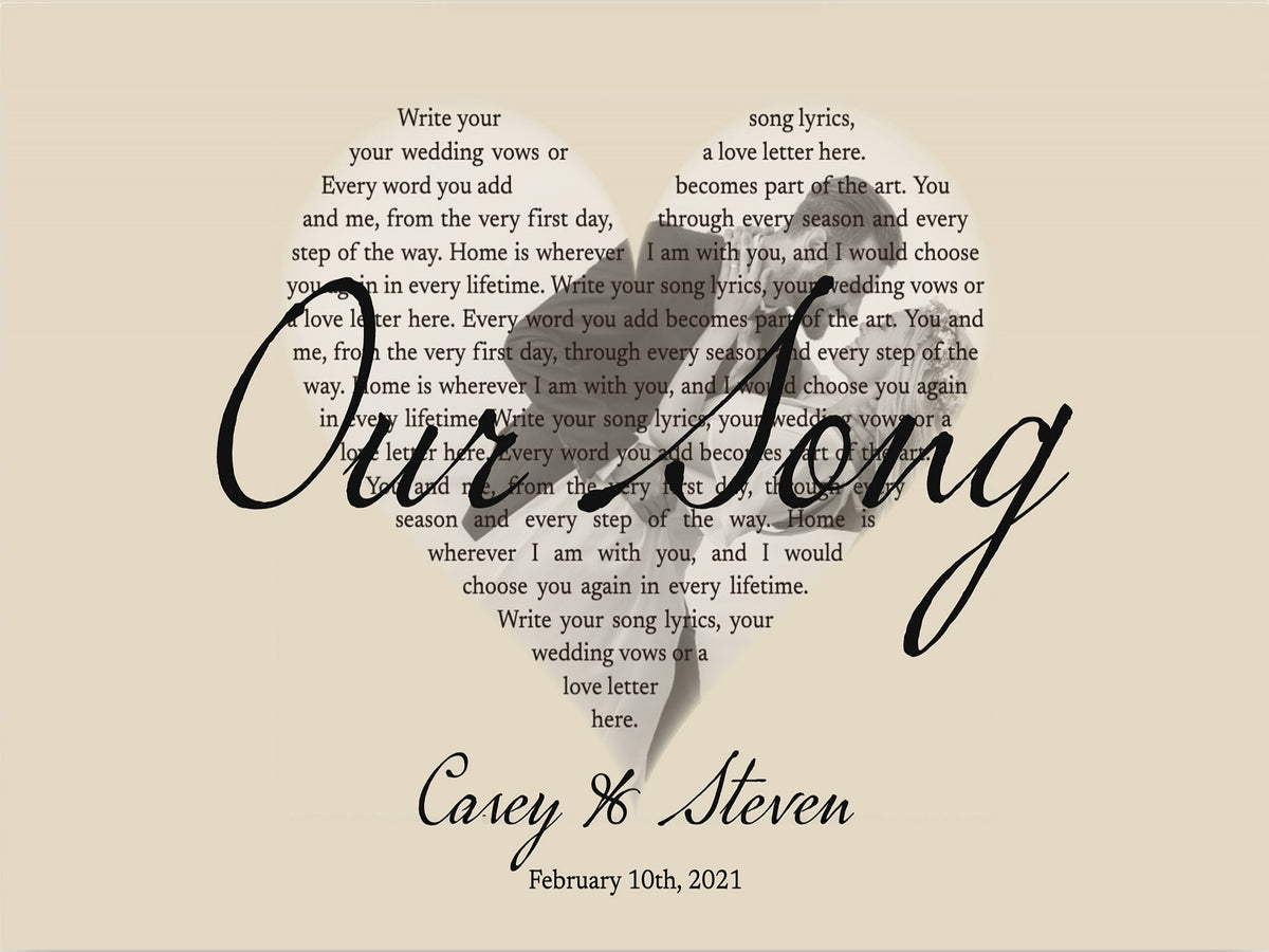 Lyrics Heart Canvas Print, Personalized Song Lyrics and Photo Wall Art