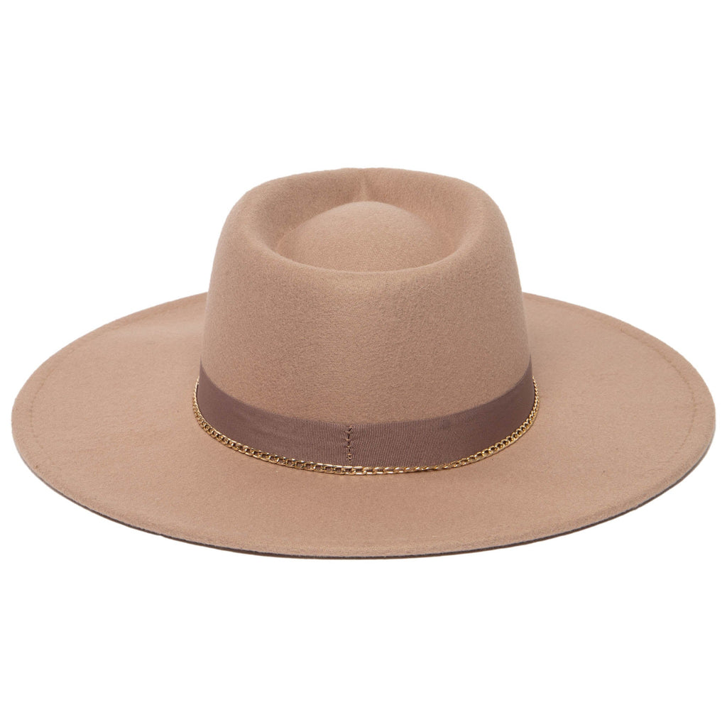 Mia - Faux Felt Fedora with Pinch Crown and Gold Trim Band