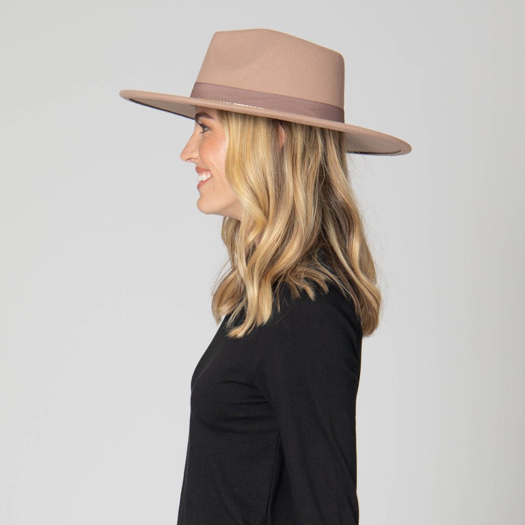 Mia - Faux Felt Fedora with Pinch Crown and Gold Trim Band