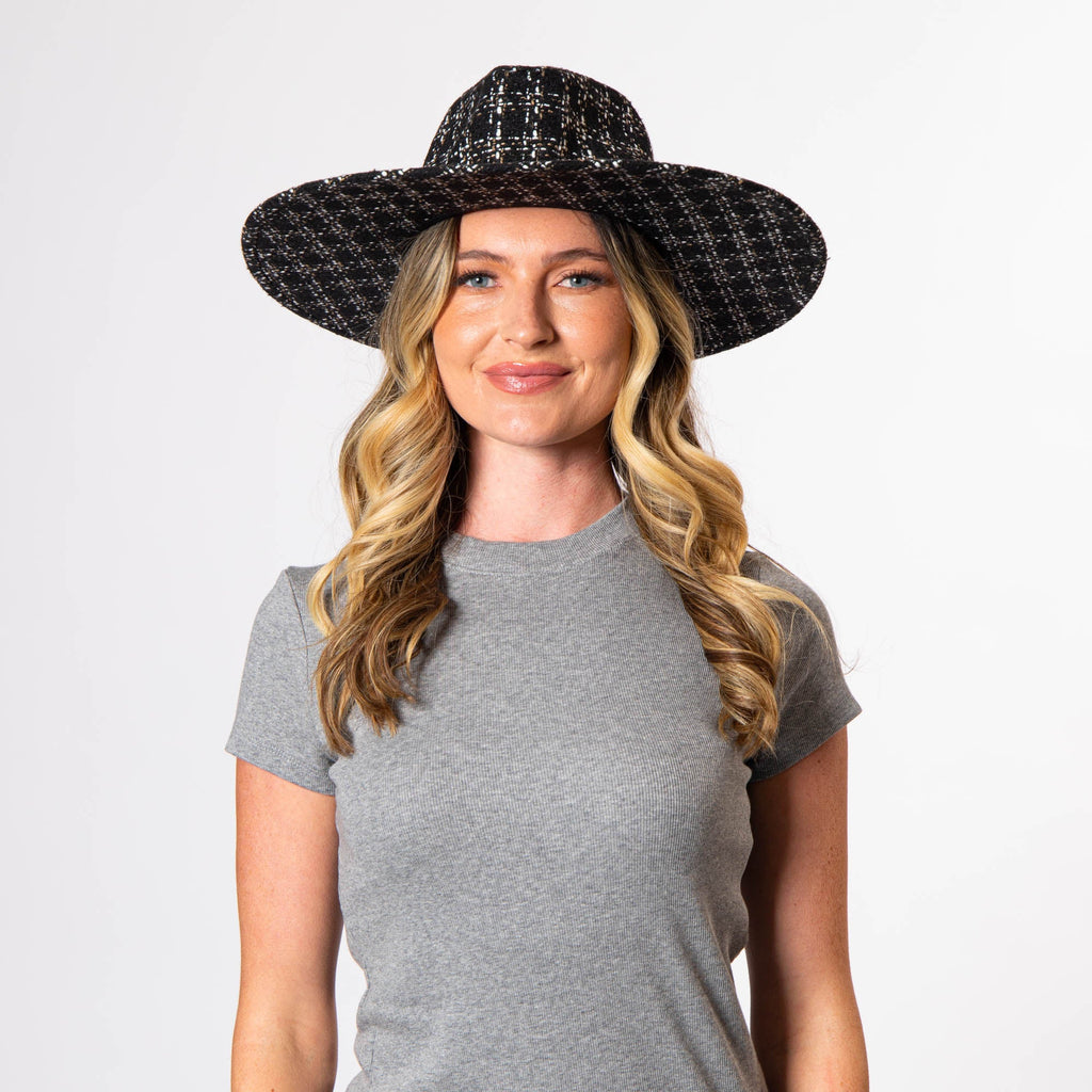 Aria - Wide Brim Fedora with Textured Mixed Tweed Fabric