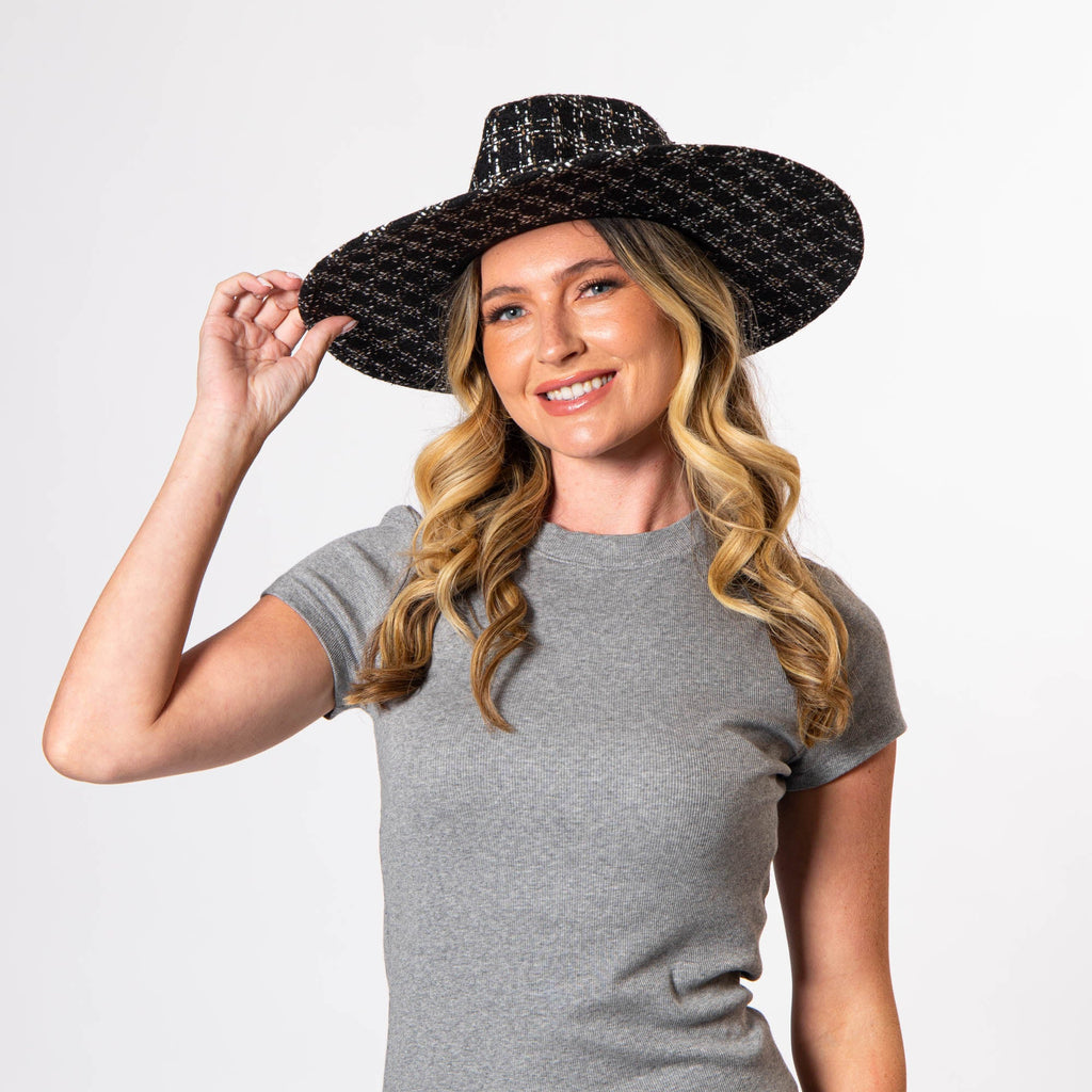 Aria - Wide Brim Fedora with Textured Mixed Tweed Fabric