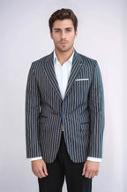 Navy Blue Striped Slim-Fit Blazer - Wessi
