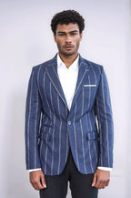 Striped Slim-Fit Navy Blue Men Blazer - Wessi