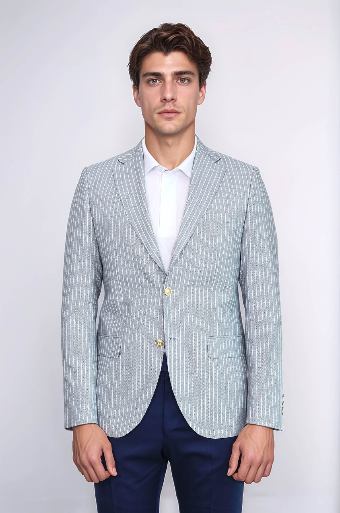 Light Blue Striped Linen Gold Metal Button Slim Fit Men's Blazer Jacket - Wessi