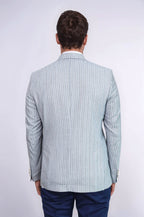 Light Blue Striped Linen Gold Metal Button Slim Fit Men's Blazer Jacket - Wessi