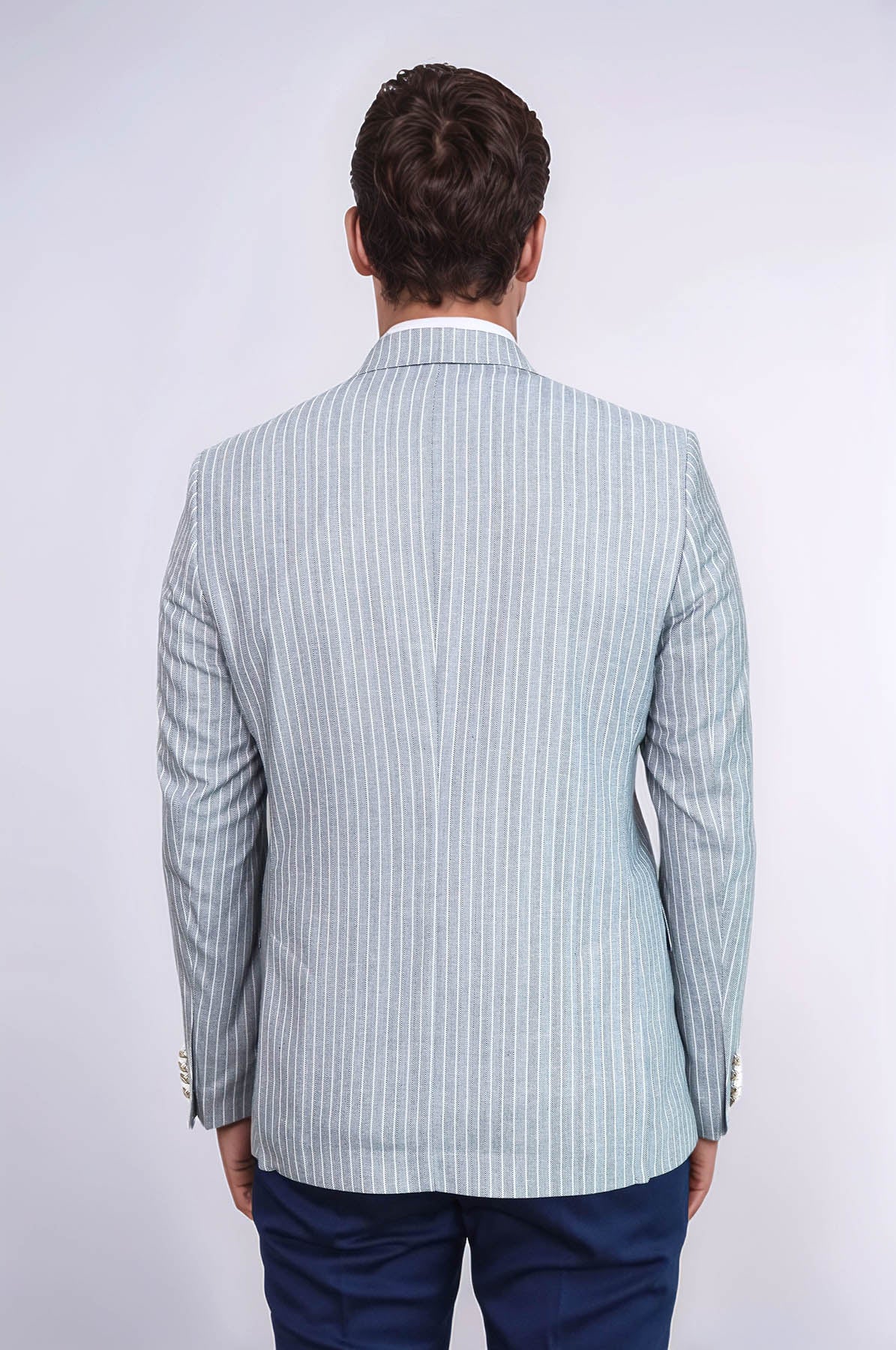Light Blue Striped Linen Gold Metal Button Slim Fit Men's Blazer Jacket - Wessi