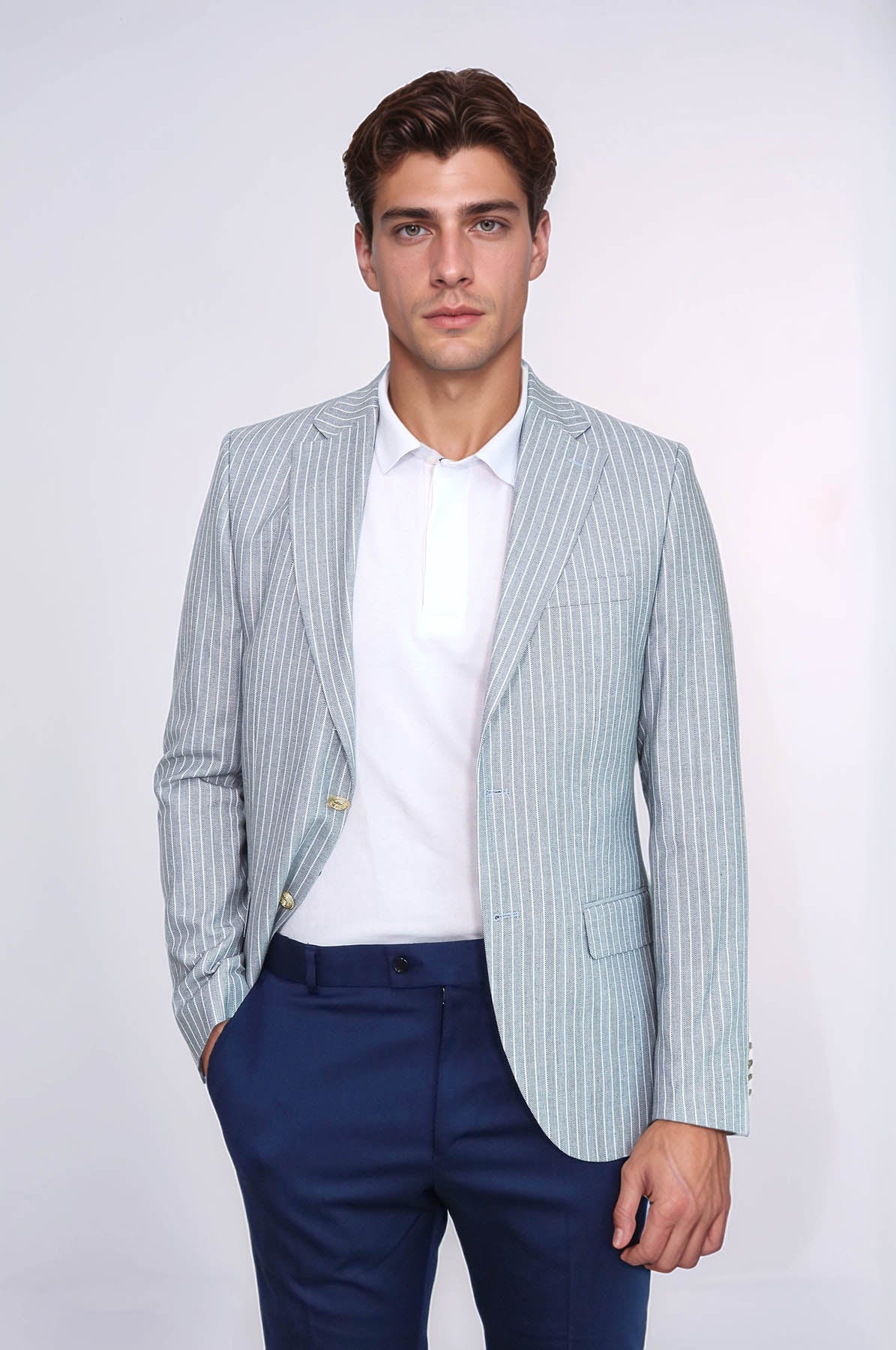 Light Blue Striped Linen Gold Metal Button Slim Fit Men's Blazer Jacket - Wessi