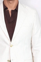 Ecru Striped Linen Gold Metal Button Slim Fit Men's Blazer Jacket - Wessi