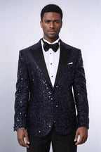Navy Blue Sequin Patterned Party Blazer | Wessi