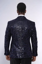 Navy Blue Sequin Patterned Party Blazer | Wessi