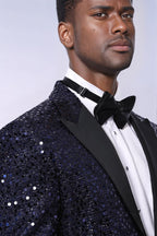 Navy Blue Sequin Patterned Party Blazer | Wessi