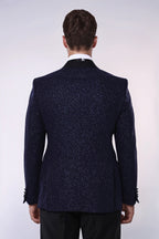 Shawl Lapel Navy Blue Men Sparkly Blazer - Wessi