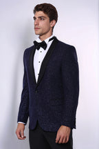Shawl Lapel Navy Blue Men Sparkly Blazer - Wessi