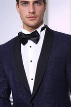 Shawl Lapel Navy Blue Men Sparkly Blazer - Wessi