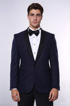 Shawl Lapel Navy Blue Men Sparkly Blazer - Wessi