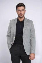 Black Herringbone Pattern Gold Metal Button Slim Fit Men's Blazer Jacket - Wessi