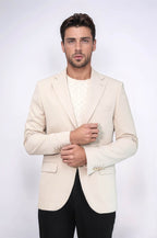 Beige Textured Gold Metal Button Slim Fit Men's Blazer Jacket - Wessi