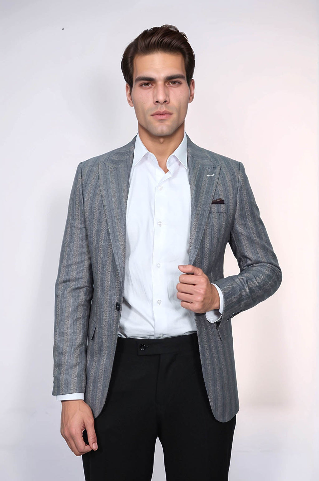 Striped Slim Fit Men Grey Blazer - Wessi