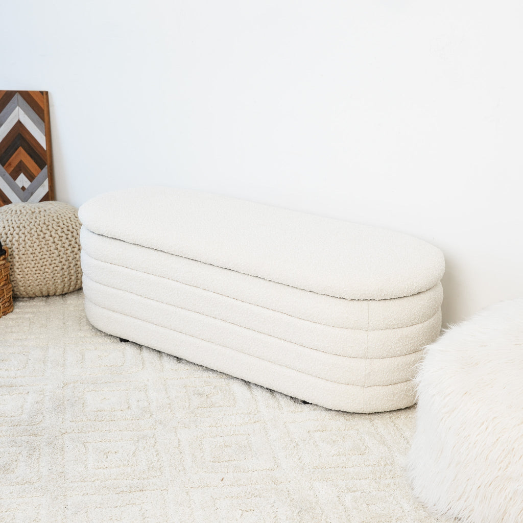 Cabana White Boucle Bench w/Storage
