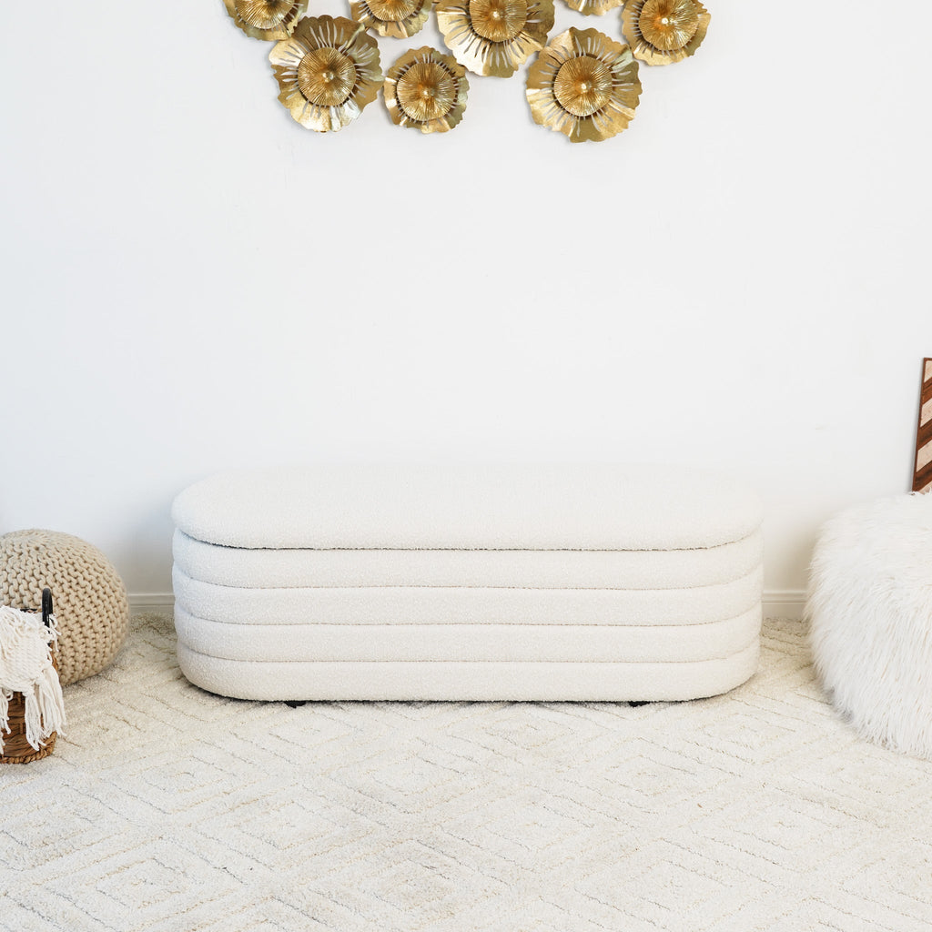 Cabana White Boucle Bench w/Storage